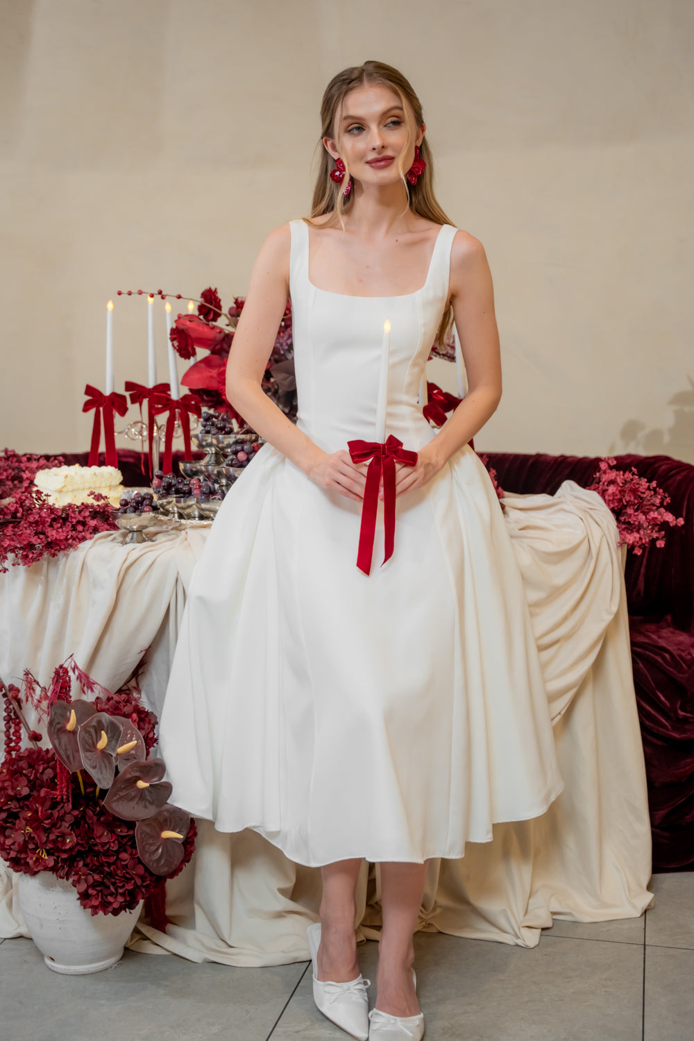 ARABELLA DRESS Sleeveless Midi Dress with Shirred Side Skirt (White Neocrepe)