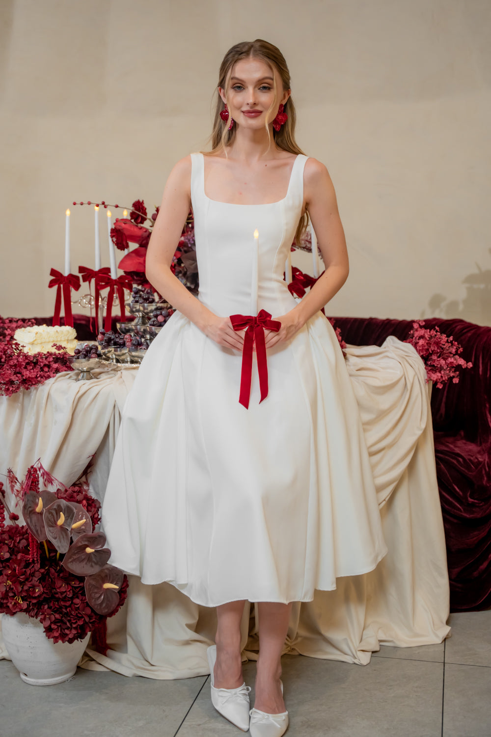 ARABELLA DRESS Sleeveless Midi Dress with Shirred Side Skirt (White Neocrepe)