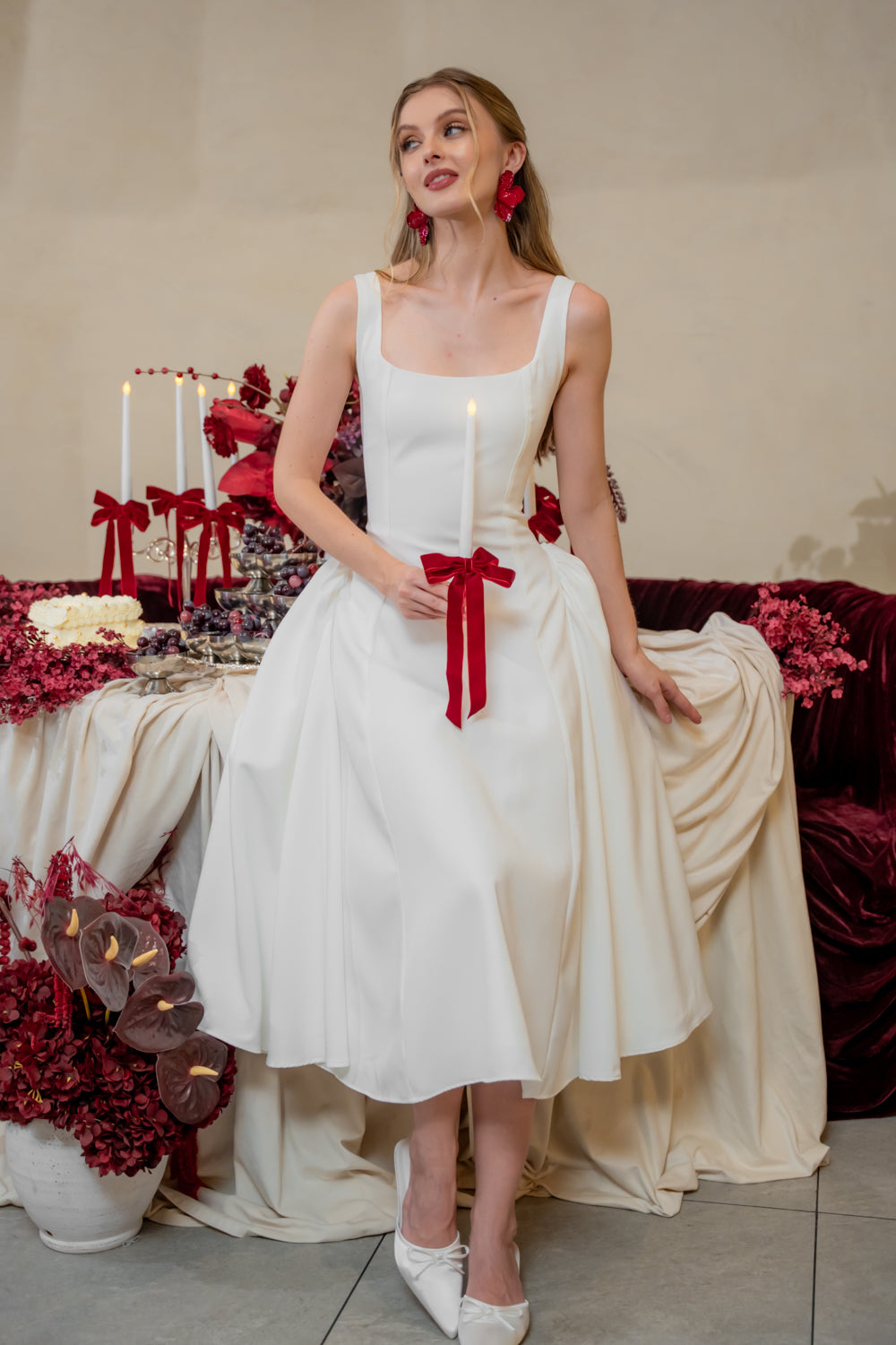 ROSINE DRESS Sleeveless Boat Neck Midi Dress (White Neocrepe)