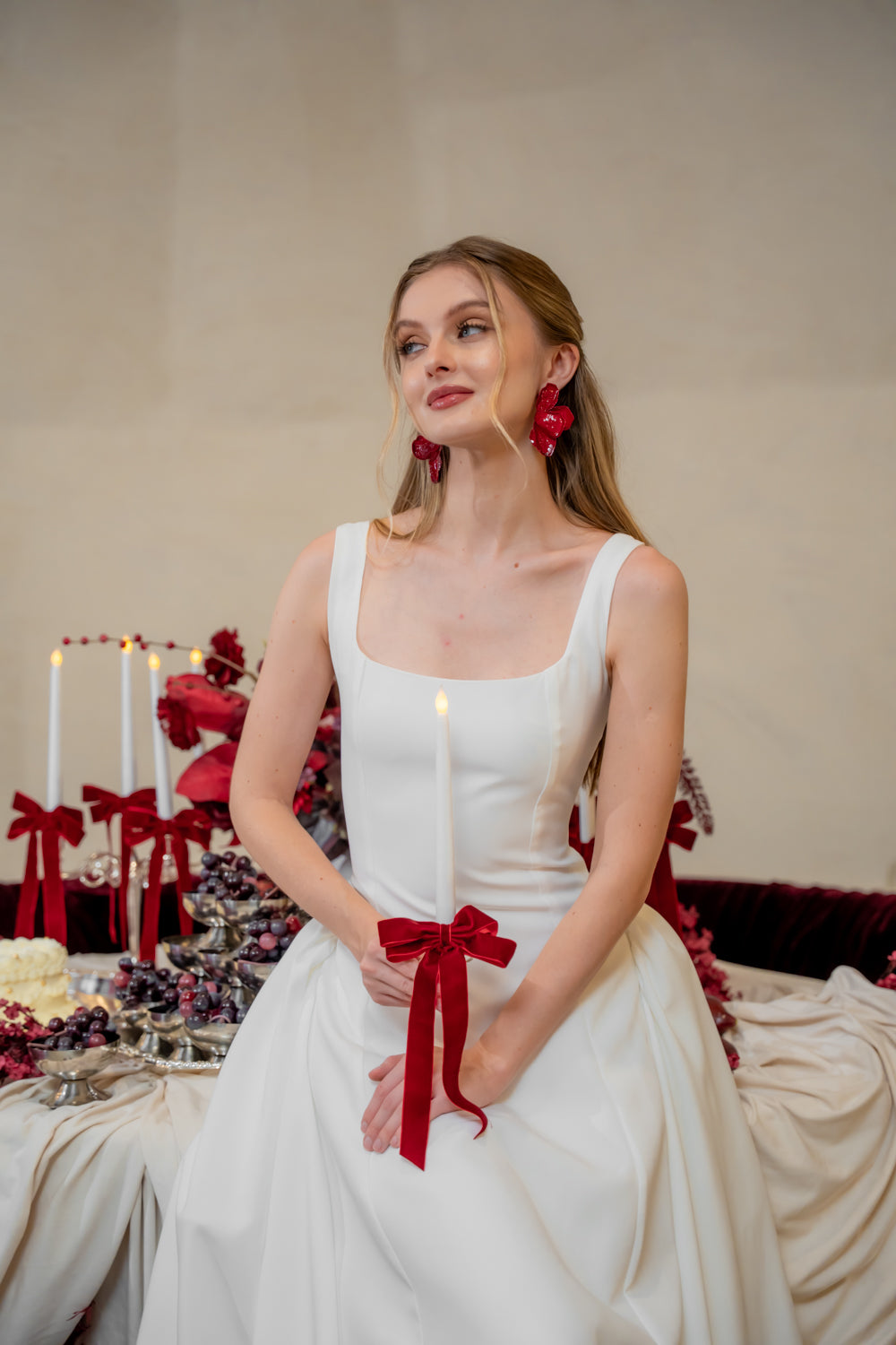 ARABELLA DRESS Sleeveless Midi Dress with Shirred Side Skirt (White Neocrepe)