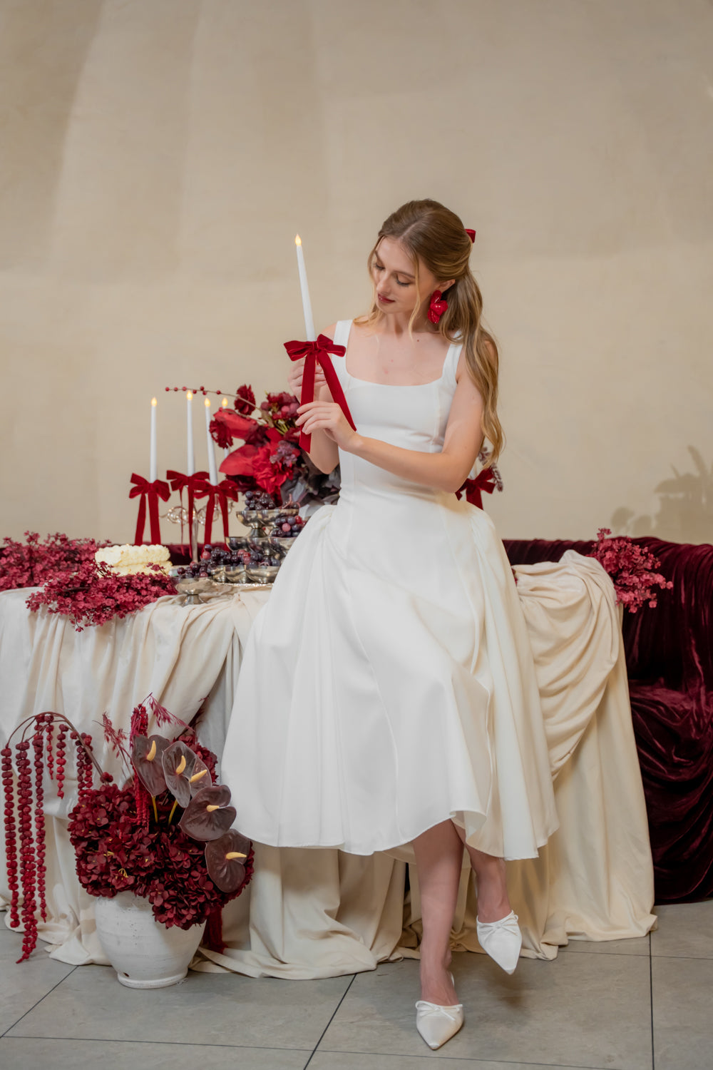 ARABELLA DRESS Sleeveless Midi Dress with Shirred Side Skirt (White Neocrepe)