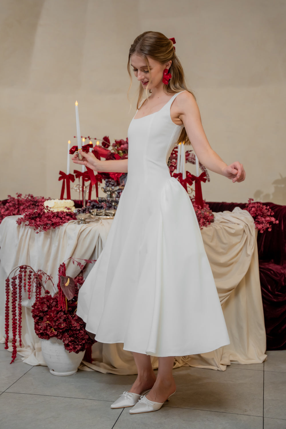 ARABELLA DRESS Sleeveless Midi Dress with Shirred Side Skirt (White Neocrepe)