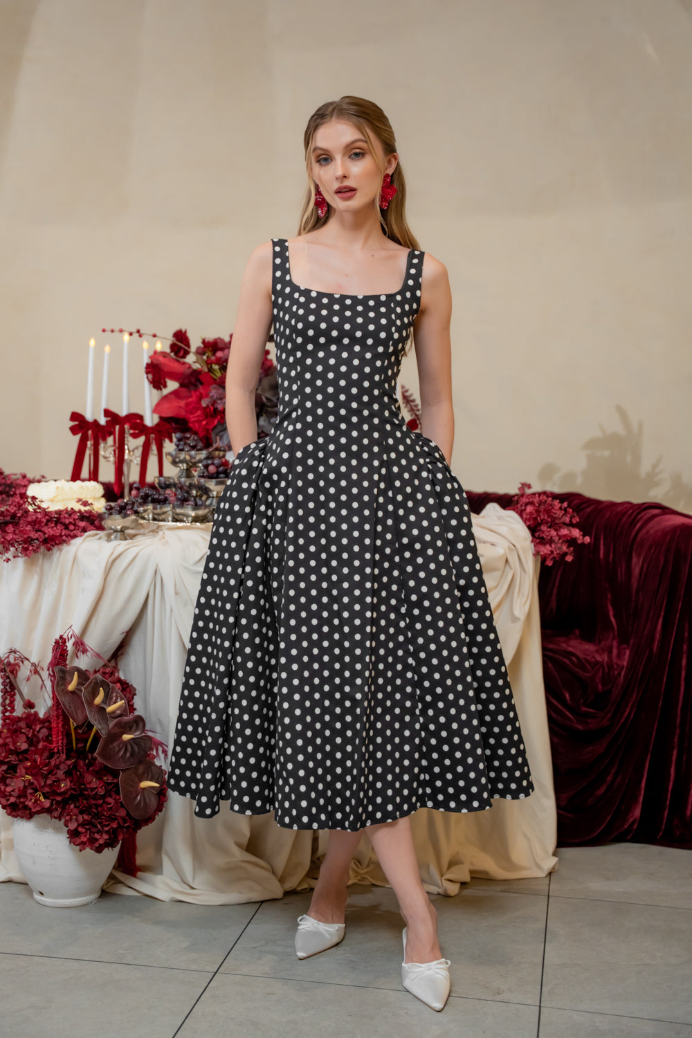 ARABELLA DRESS Sleeveless Midi Dress with Shirred Side Skirt (Polkadot)
