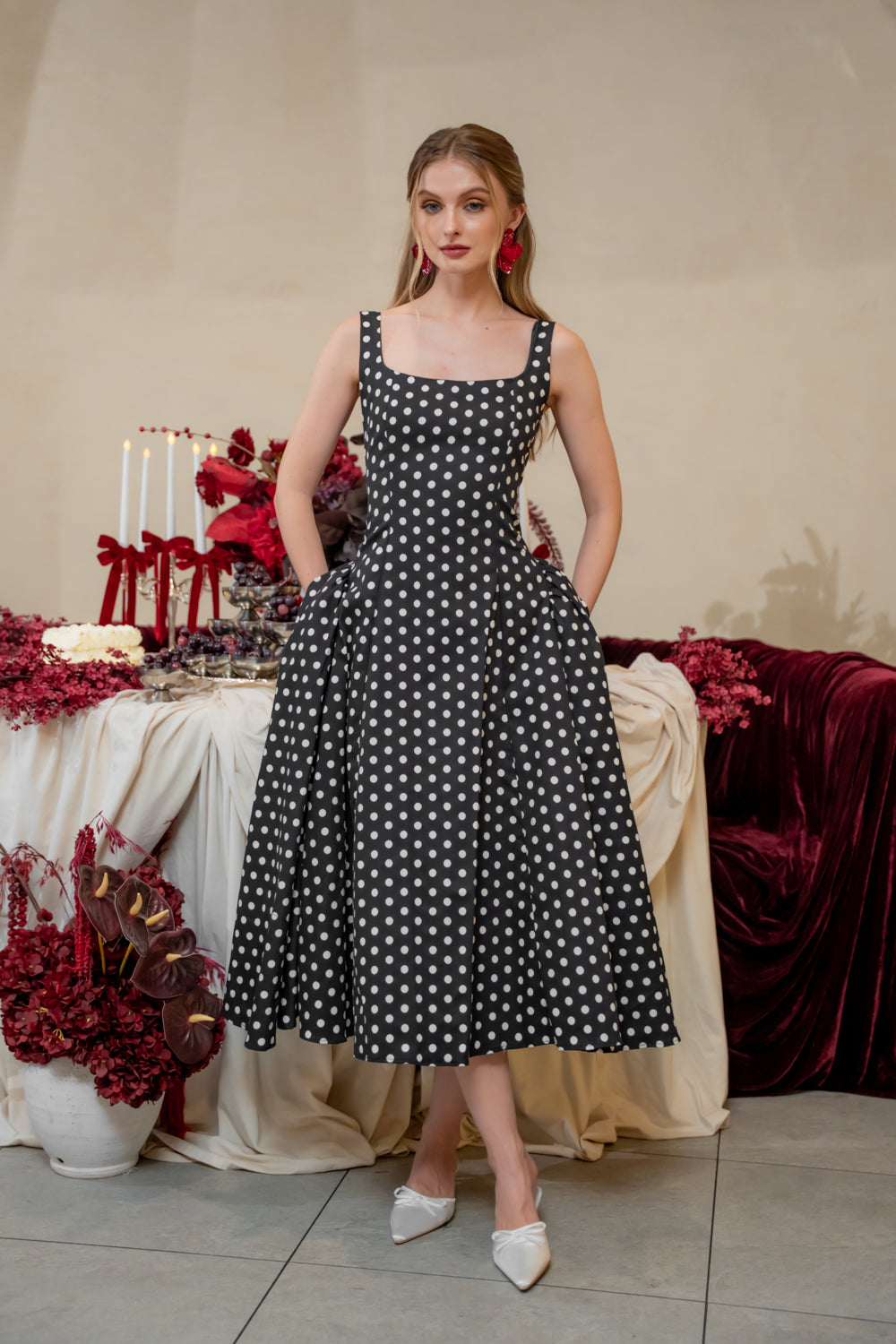 ARABELLA DRESS Sleeveless Midi Dress with Shirred Side Skirt (Polkadot)