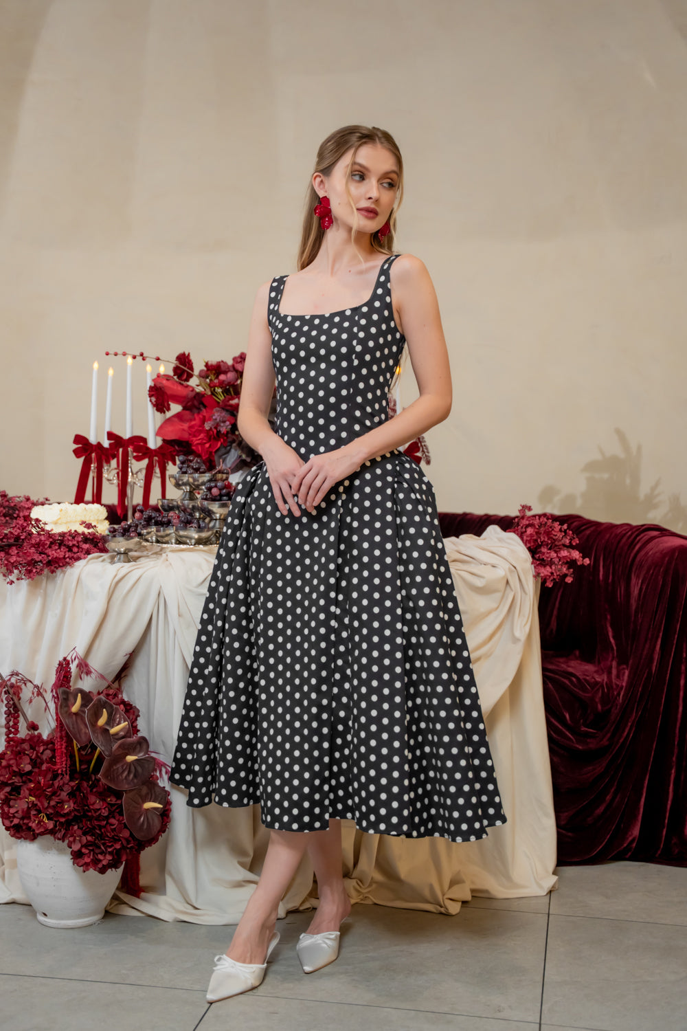 ARABELLA DRESS Sleeveless Midi Dress with Shirred Side Skirt (Polkadot)