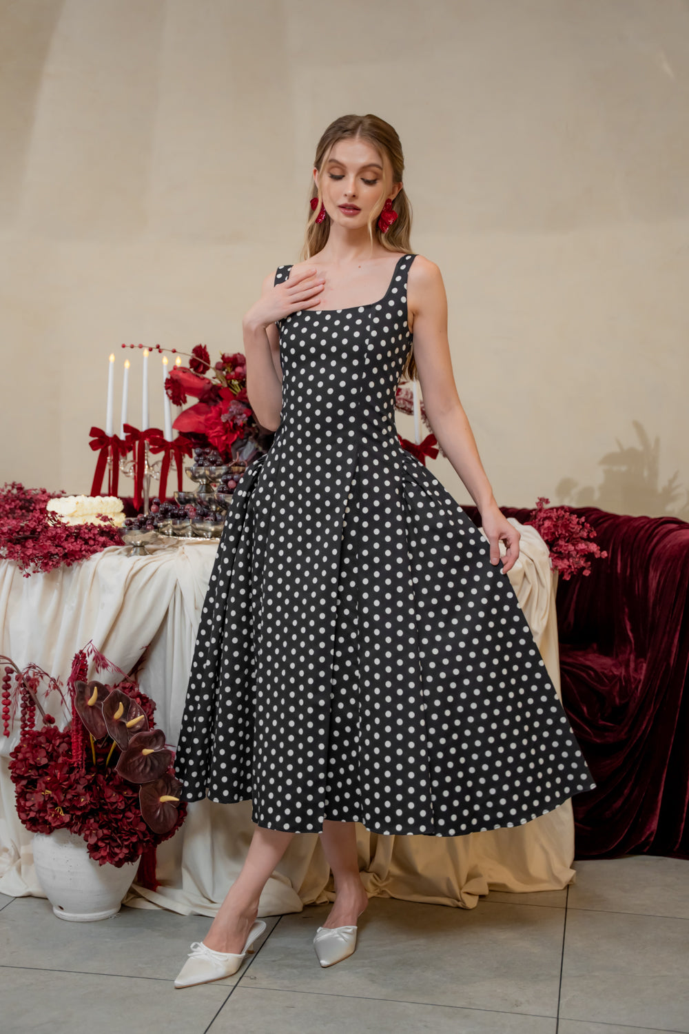 ARABELLA DRESS Sleeveless Midi Dress with Shirred Side Skirt (Dark Denim)