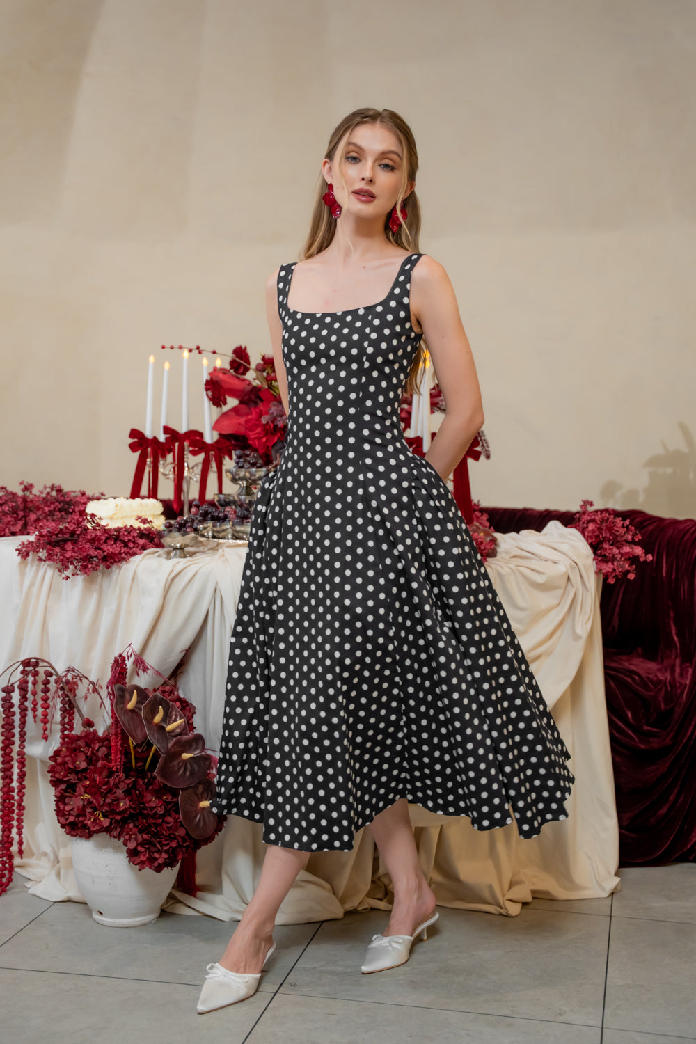 ARABELLA DRESS Sleeveless Midi Dress with Shirred Side Skirt (Polkadot)