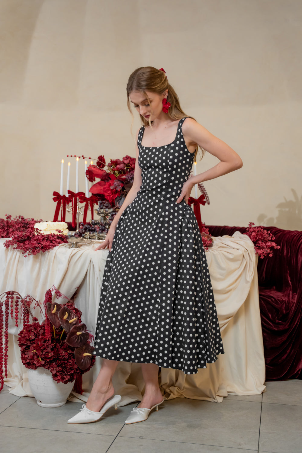 ARABELLA DRESS Sleeveless Midi Dress with Shirred Side Skirt (Polkadot)