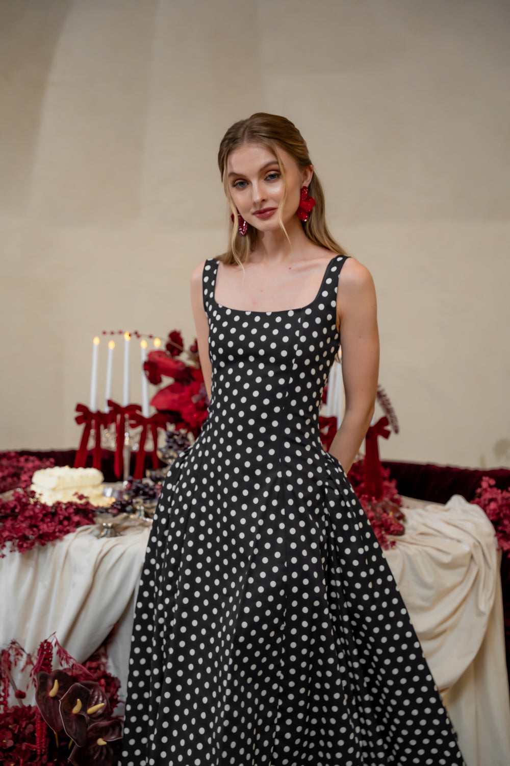 ARABELLA DRESS Sleeveless Midi Dress with Shirred Side Skirt (Dark Denim)