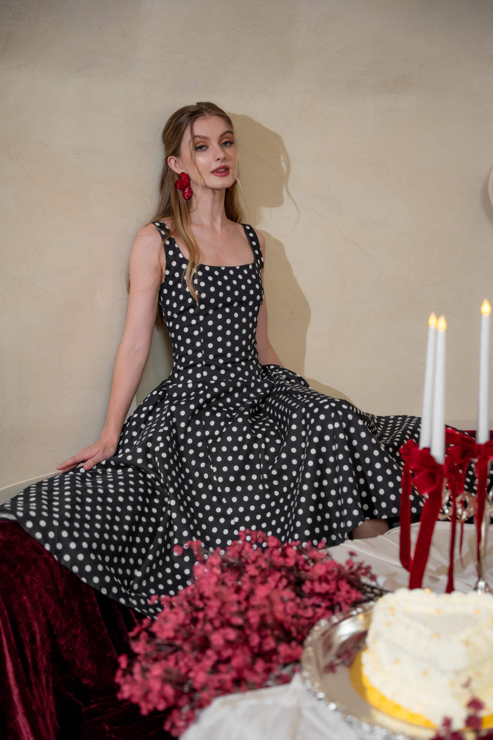 ARABELLA DRESS Sleeveless Midi Dress with Shirred Side Skirt (Polkadot)