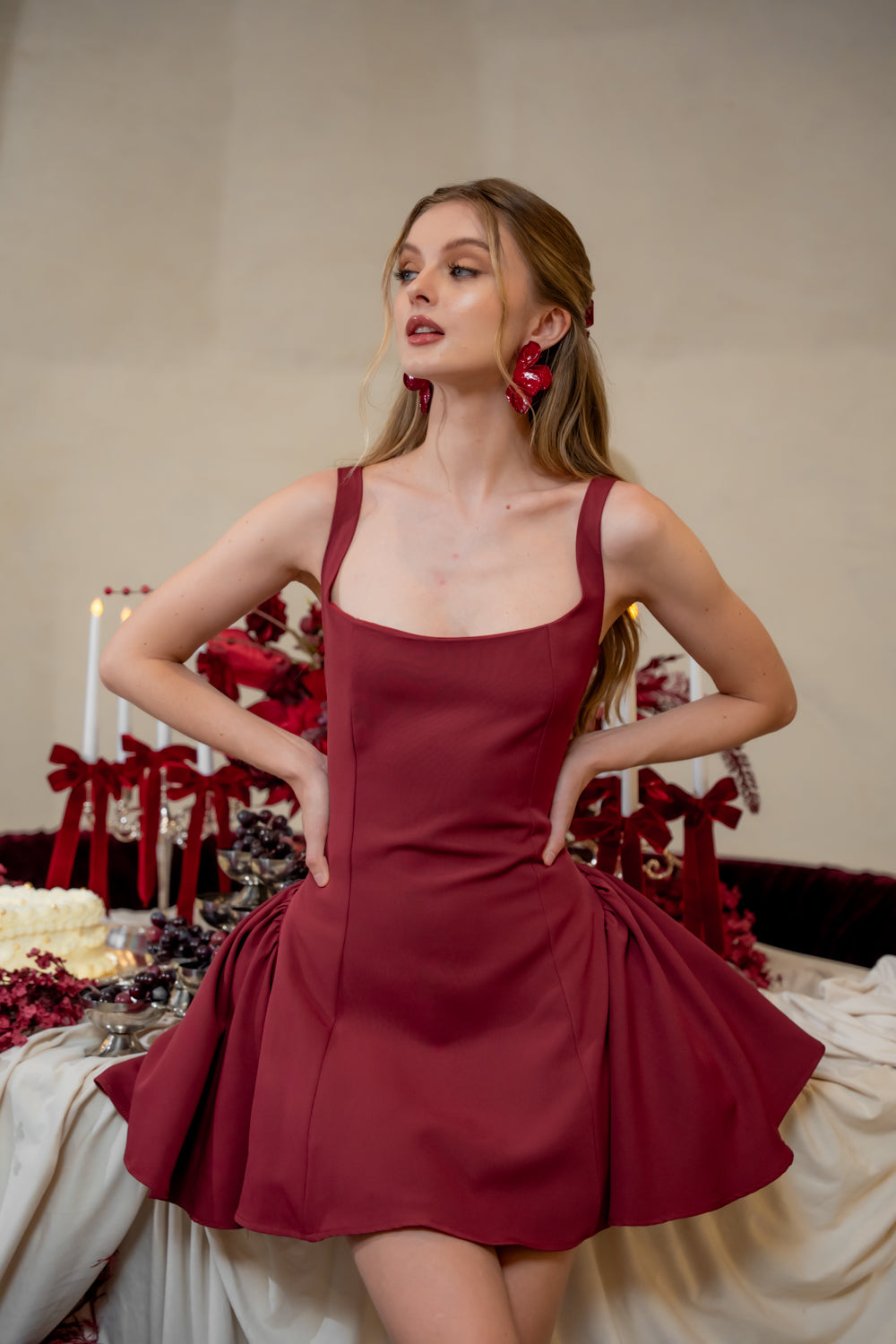 AMAYA DRESS Sleeveless Mini Dress with Shirred Side Skirt (Dark Maroon Neocrepe)