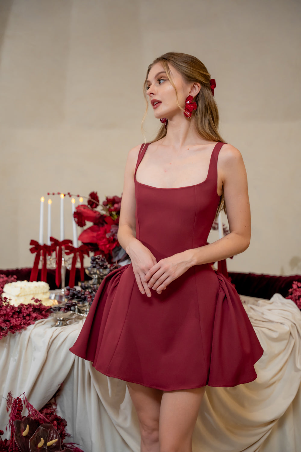 AMAYA DRESS Sleeveless Mini Dress with Shirred Side Skirt (Dark Maroon Neocrepe)