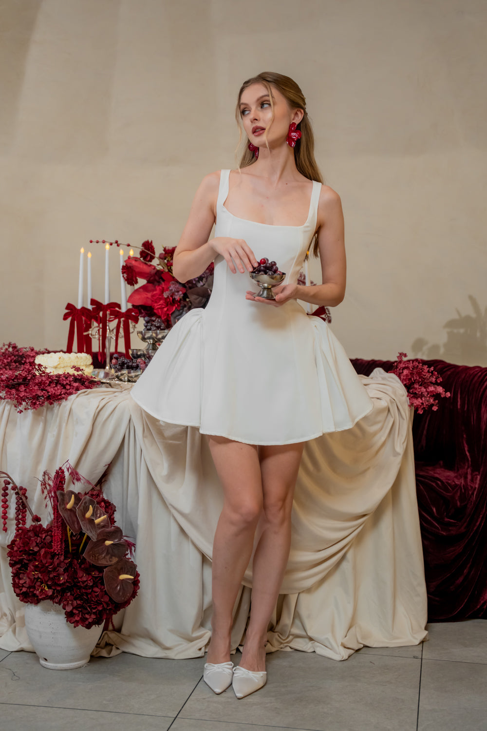 AMAYA DRESS Sleeveless Mini Dress with Shirred Side Skirt (White Neocrepe)