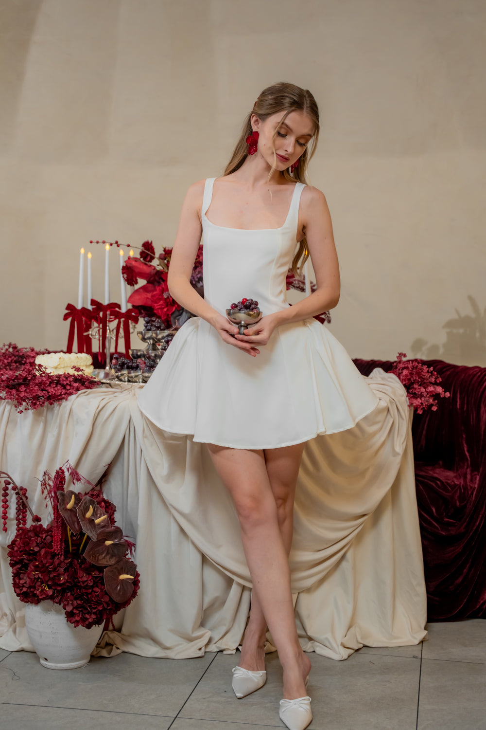 AMAYA DRESS Sleeveless Mini Dress with Shirred Side Skirt (White Neocrepe)