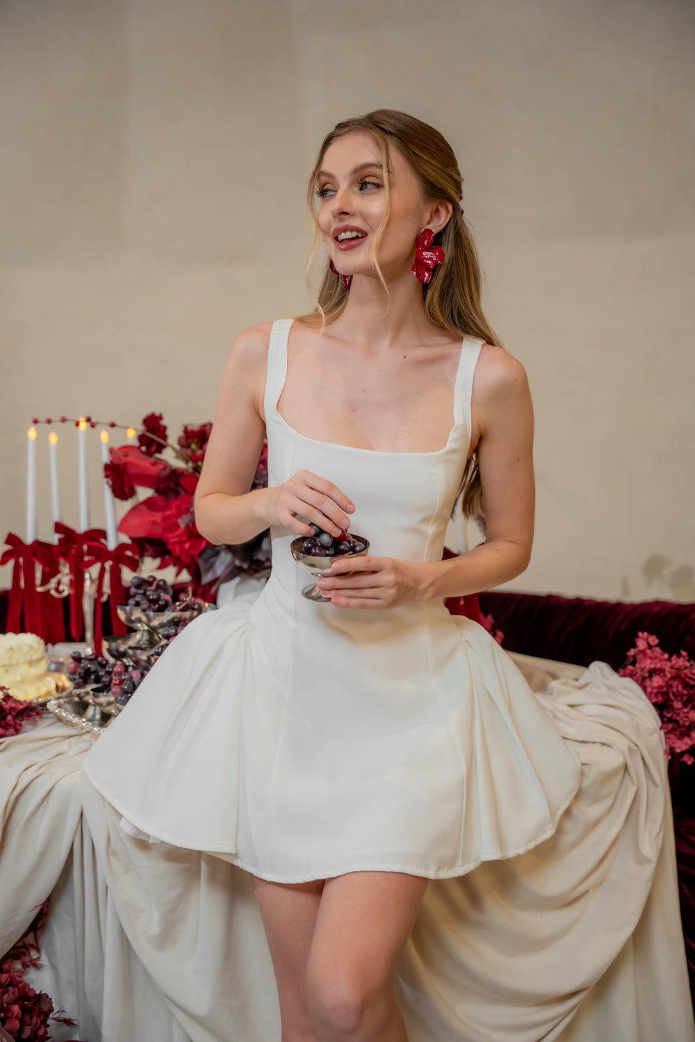 AMAYA DRESS Sleeveless Mini Dress with Shirred Side Skirt (White Neocrepe)