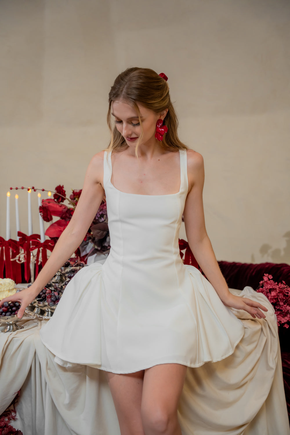 AMAYA DRESS Sleeveless Mini Dress with Shirred Side Skirt (White Neocrepe)