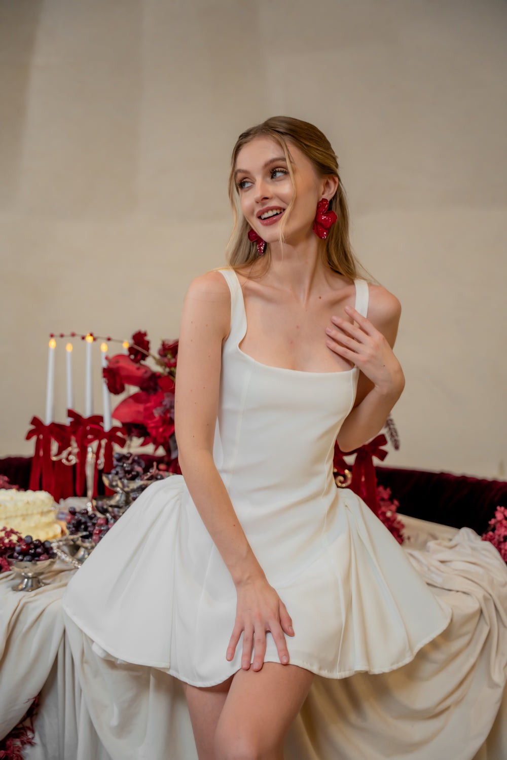 AMAYA DRESS Sleeveless Mini Dress with Shirred Side Skirt (White Neocrepe)