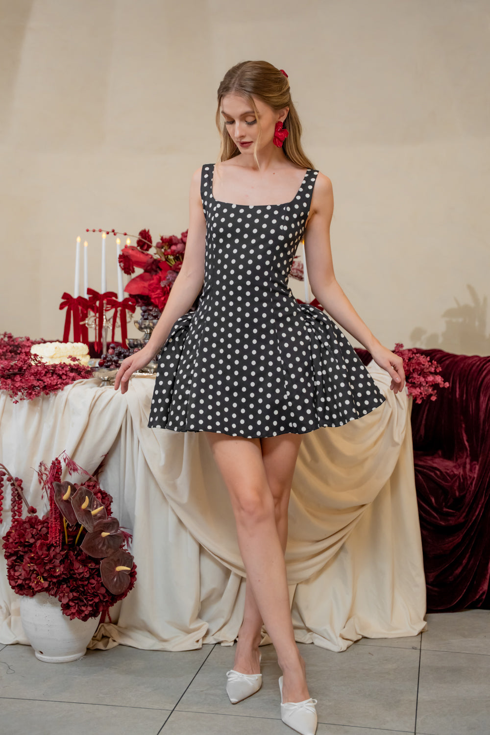 AMAYA DRESS Sleeveless Mini Dress with Shirred Side Skirt (Polkadot)