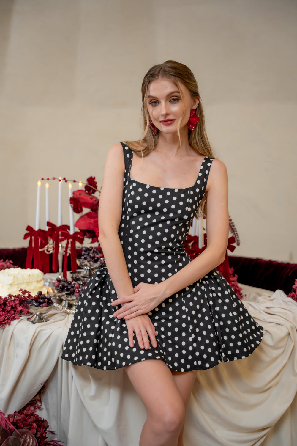 AMAYA DRESS Sleeveless Mini Dress with Shirred Side Skirt (Polkadot)