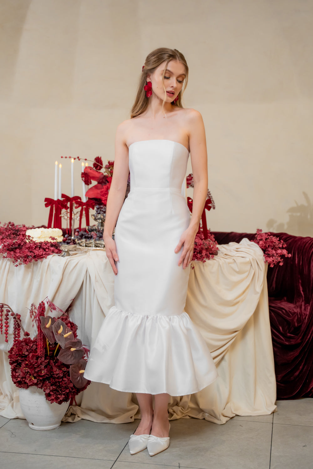 AMANDINE DRESS Strapless Midi Dress with Ruffle Hem (White Gazaar)