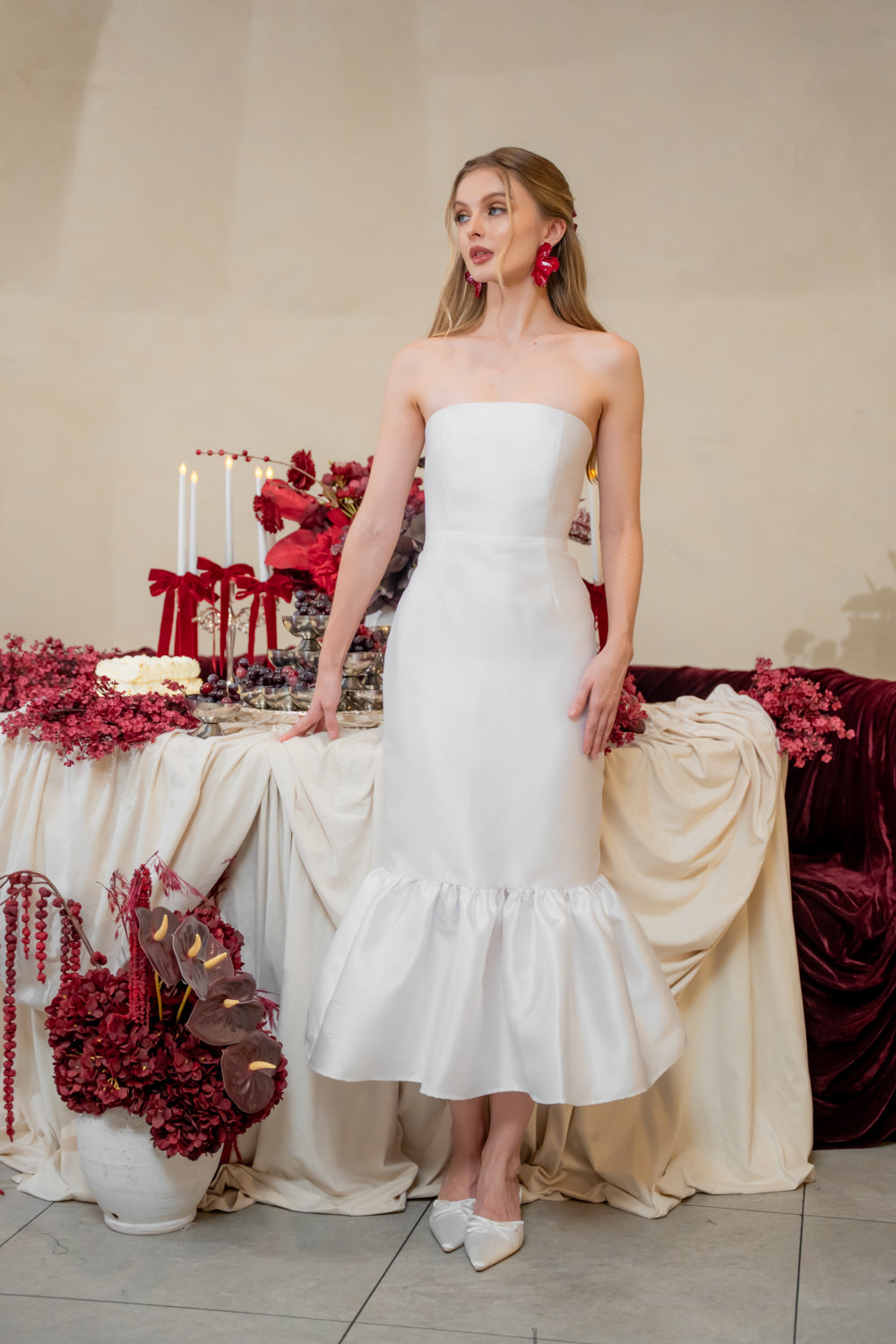 AMANDINE DRESS Strapless Midi Dress with Ruffle Hem (White Gazaar)