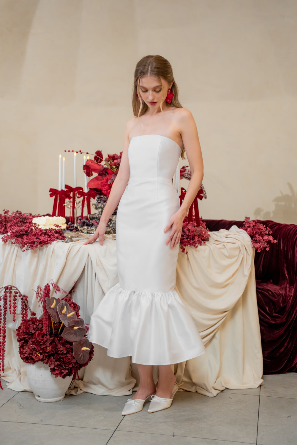 AMANDINE DRESS Strapless Midi Dress with Ruffle Hem (White Gazaar)
