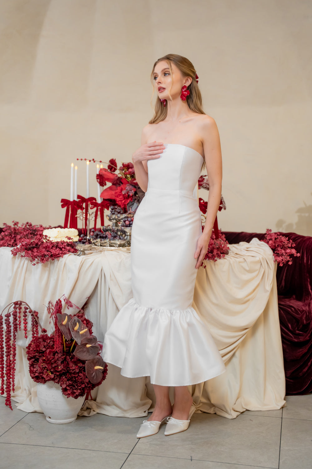 AMANDINE DRESS Strapless Midi Dress with Ruffle Hem (White Gazaar)