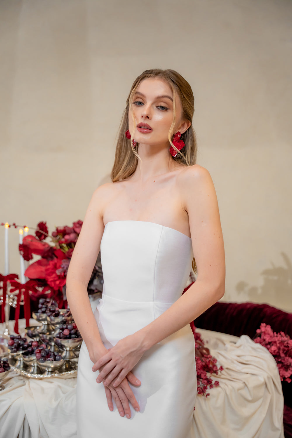 AMANDINE DRESS Strapless Midi Dress with Ruffle Hem (White Gazaar)