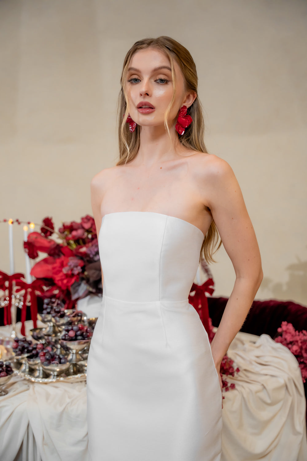 AMANDINE DRESS Strapless Midi Dress with Ruffle Hem (White Gazaar)