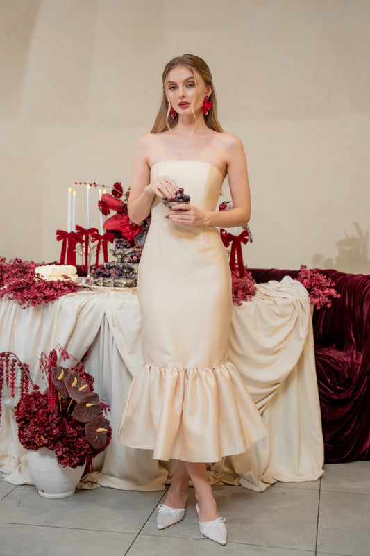 AMANDINE DRESS Strapless Midi Dress with Ruffle Hem (Light Gold Gazaar)