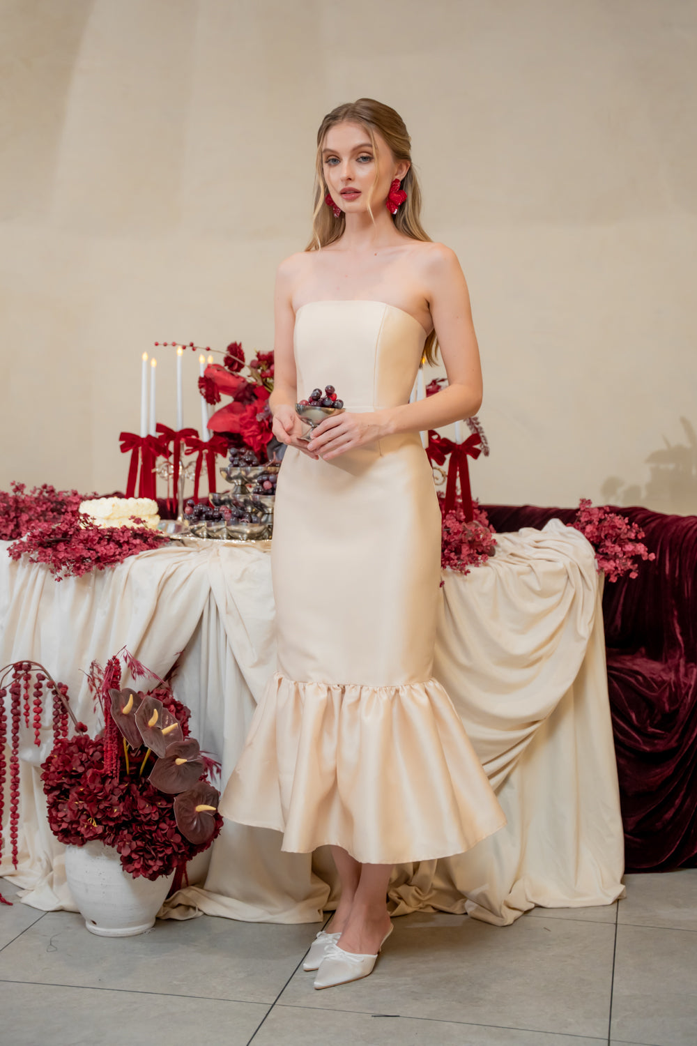 AMANDINE DRESS Strapless Midi Dress with Ruffle Hem (Light Gold Gazaar)