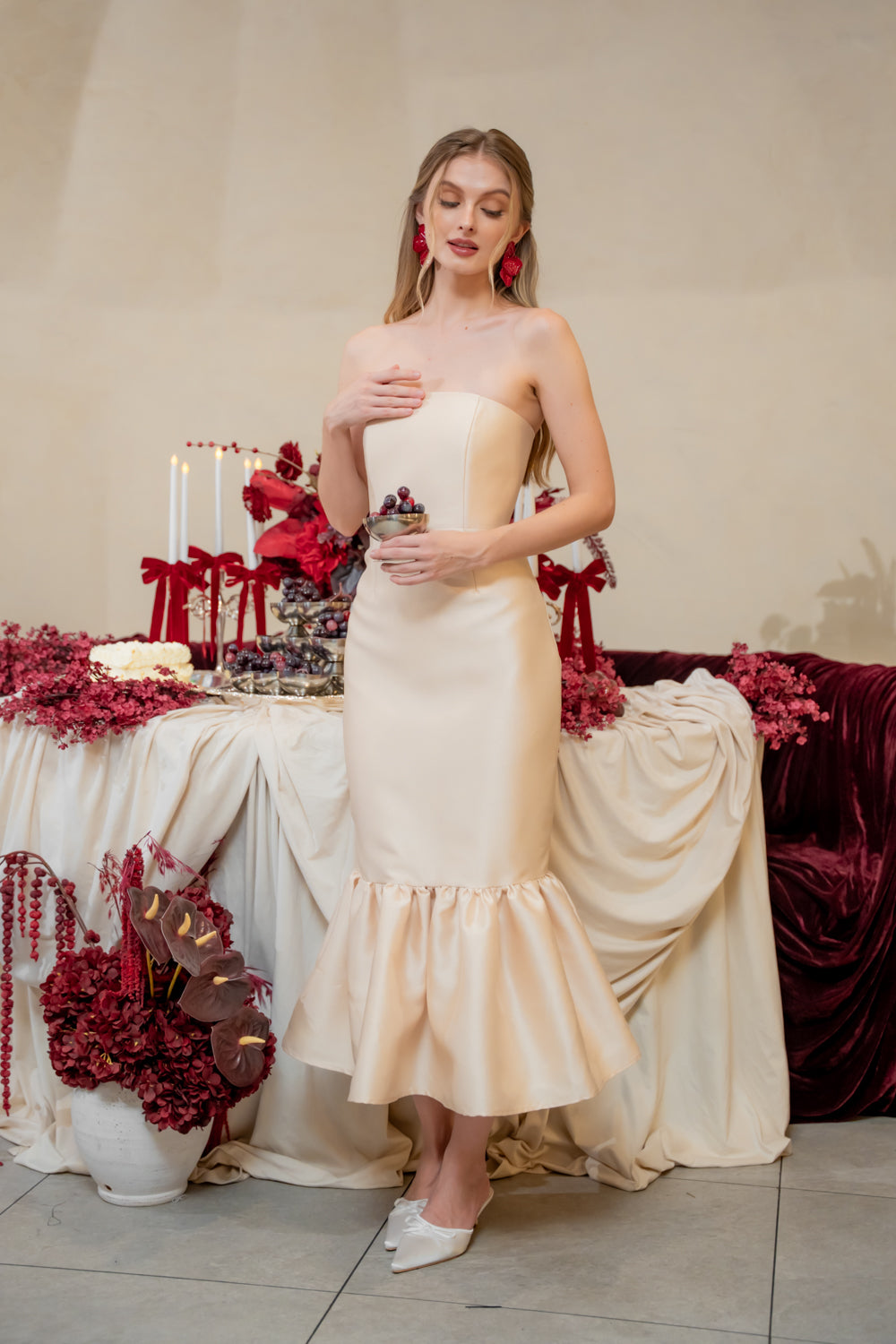 AMANDINE DRESS Strapless Midi Dress with Ruffle Hem (Light Gold Gazaar)