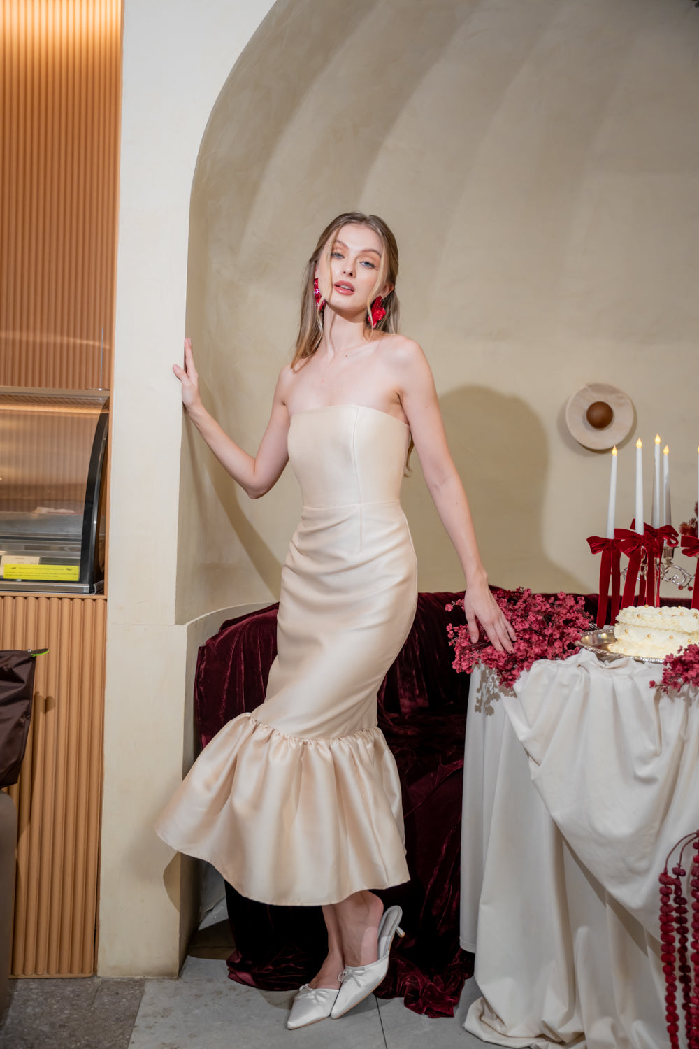 AMANDINE DRESS Strapless Midi Dress with Ruffle Hem (Light Gold Gazaar)