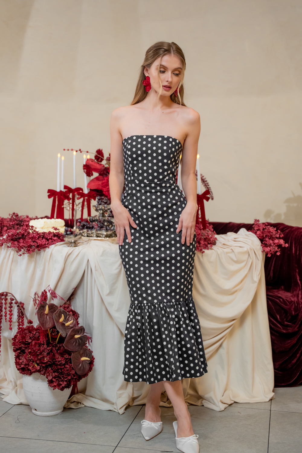 AMANDINE DRESS Strapless Midi Dress with Ruffle Hem (Polkadot)