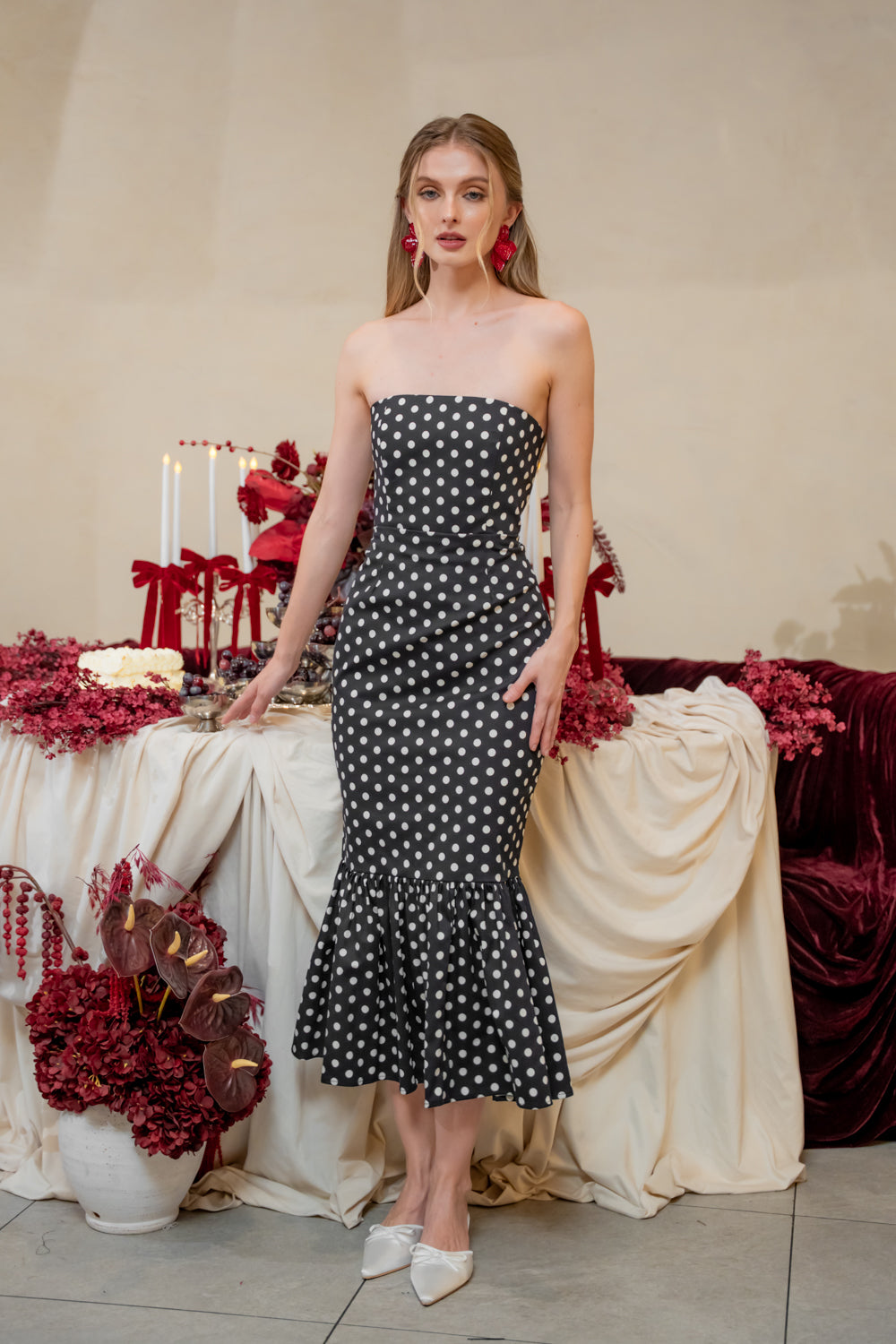AMANDINE DRESS Strapless Midi Dress with Ruffle Hem (Polkadot)