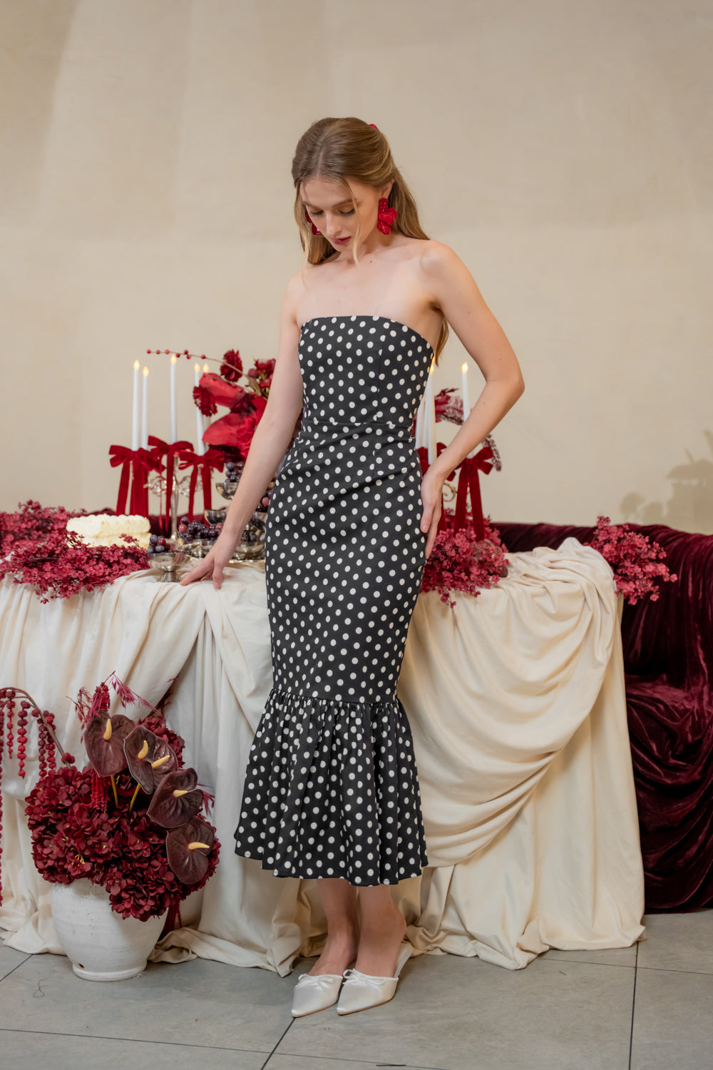 AMANDINE DRESS Strapless Midi Dress with Ruffle Hem (Polkadot)