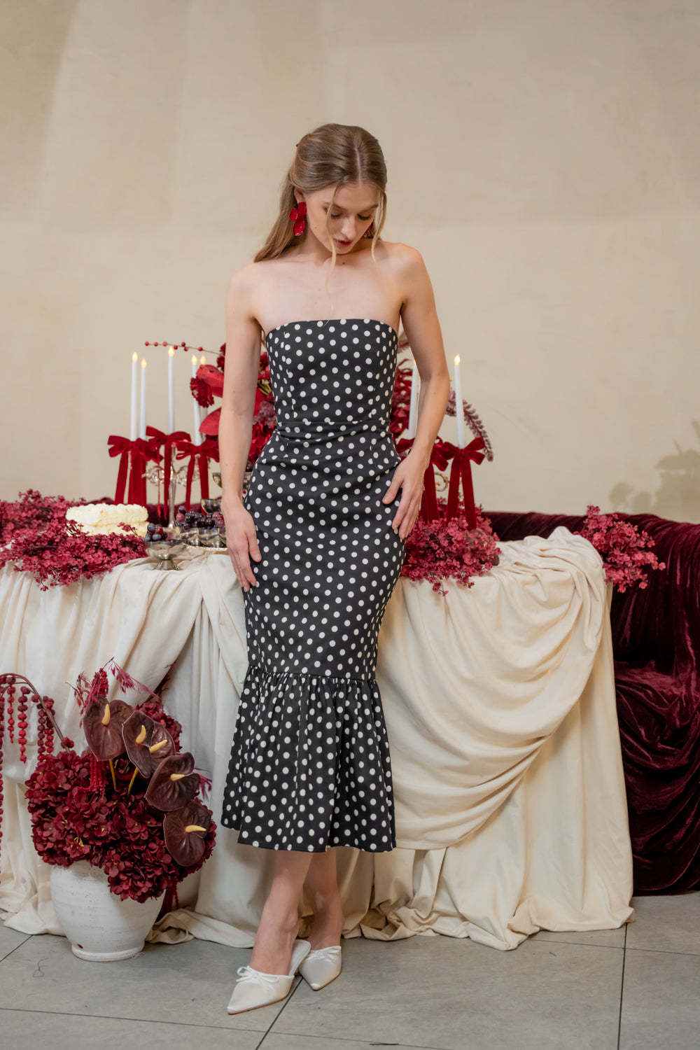 AMANDINE DRESS Strapless Midi Dress with Ruffle Hem (Polkadot)