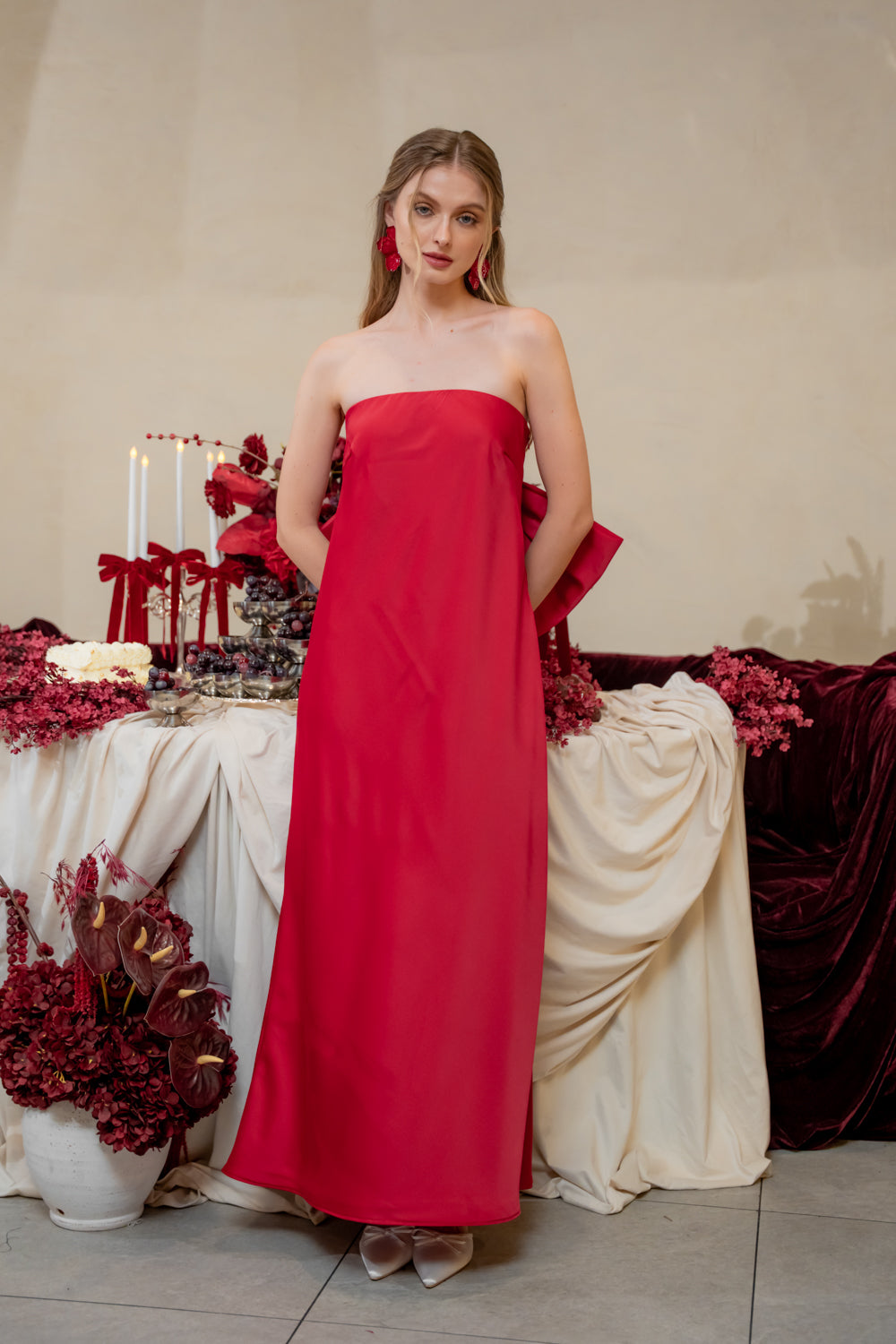 CORDELIA DRESS Bow Back Strapless Silk Midi Dress (Maroon Silk Crepe)