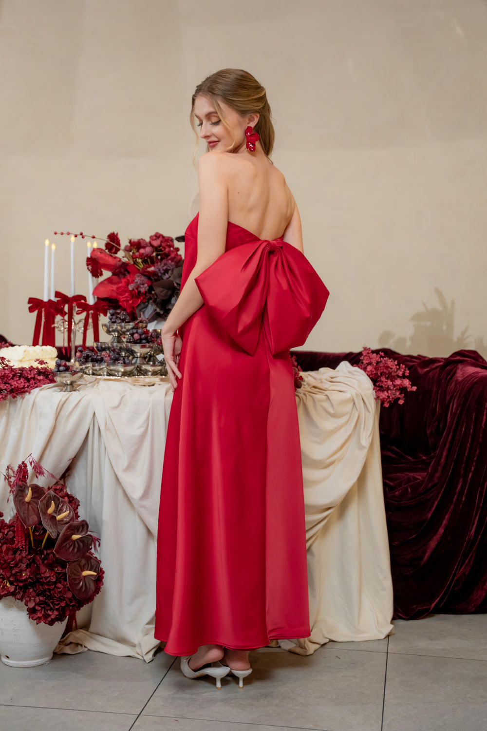 CORDELIA DRESS Bow Back Strapless Silk Midi Dress (Maroon Silk Crepe)