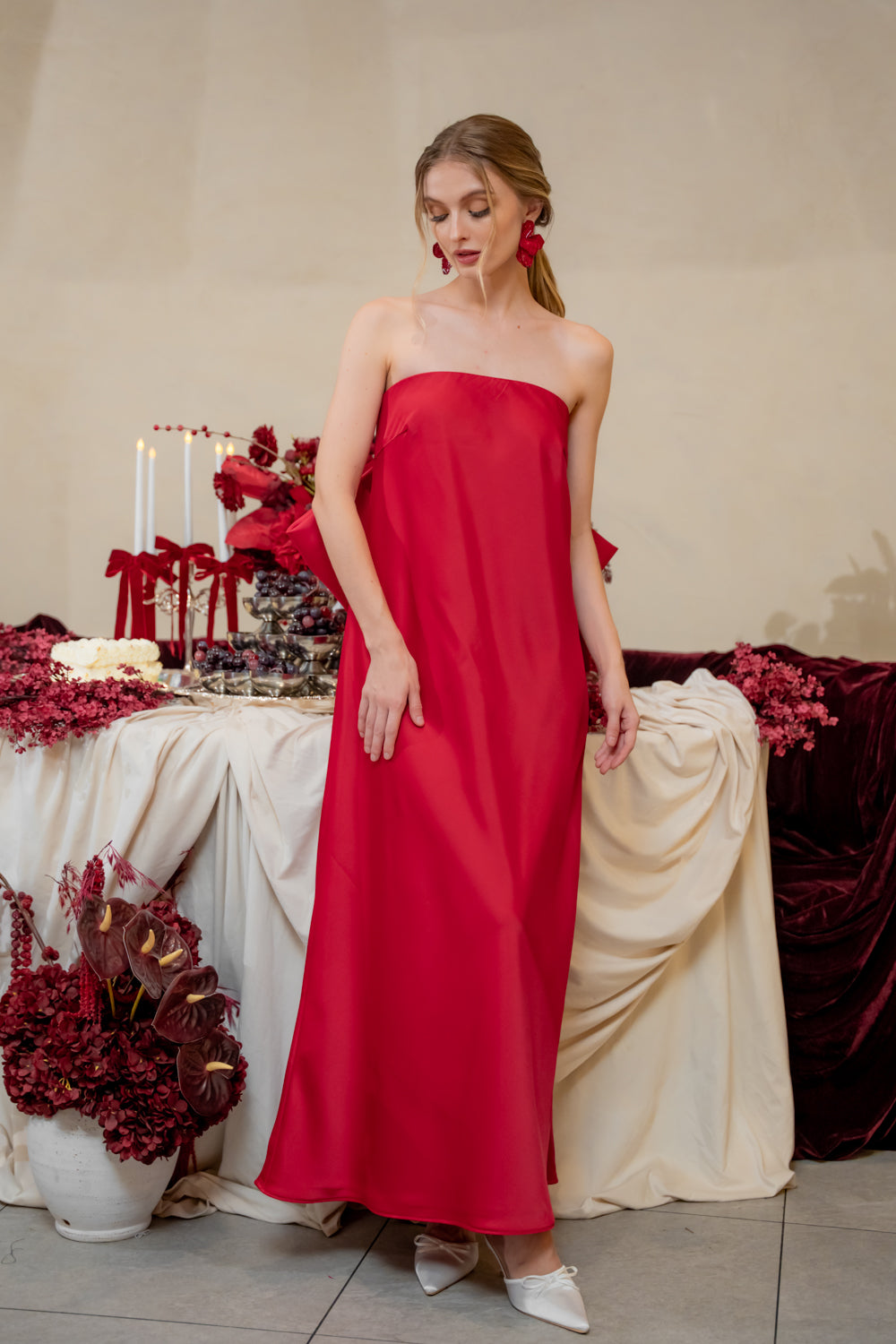 CORDELIA DRESS Bow Back Strapless Silk Midi Dress (Maroon Silk Crepe)