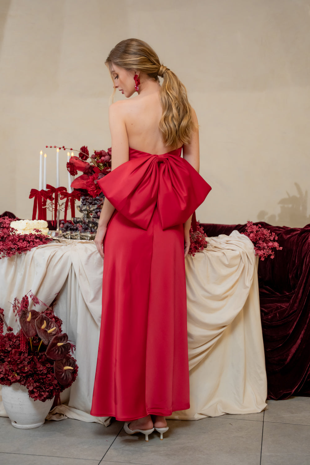 CORDELIA DRESS Bow Back Strapless Silk Midi Dress (Maroon Silk Crepe)