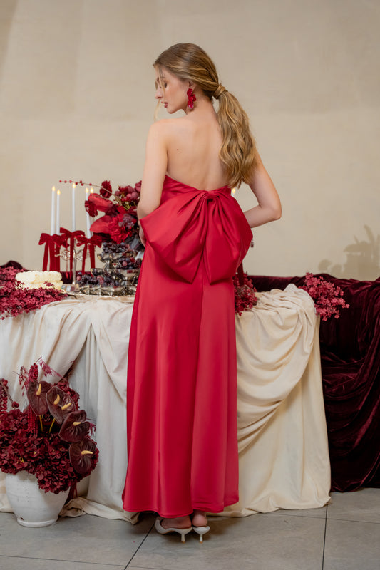 CORDELIA DRESS Bow Back Strapless Silk Midi Dress (Maroon Silk Crepe)