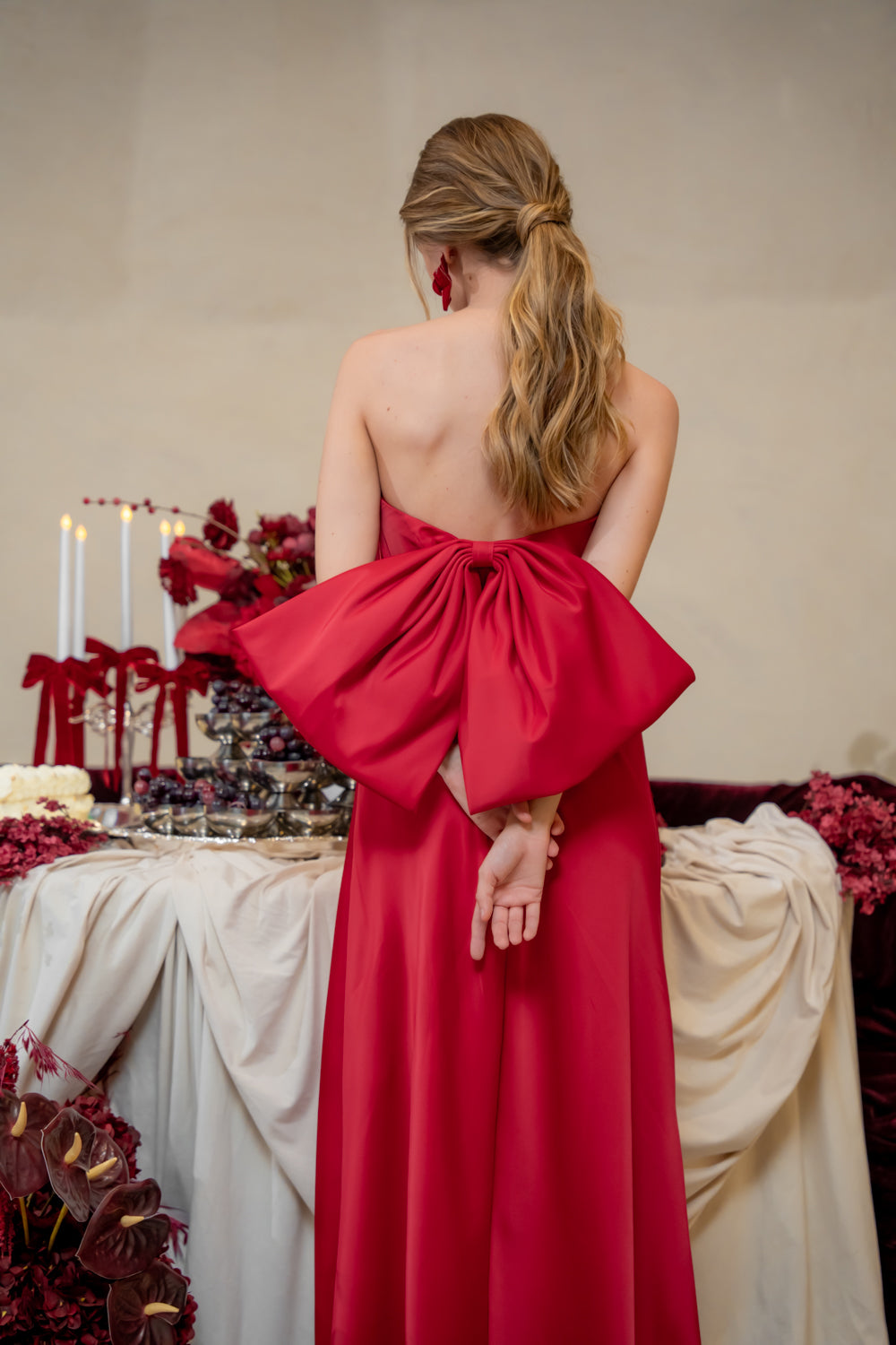 CORDELIA DRESS Bow Back Strapless Silk Midi Dress (Maroon Silk Crepe)