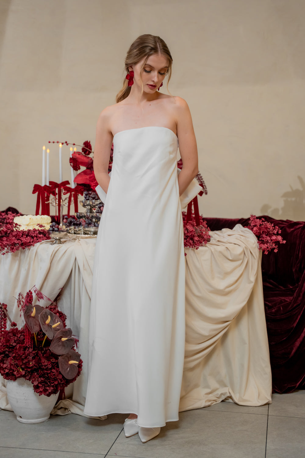 CORDELIA DRESS Bow Back Strapless Silk Midi Dress (White Silk Crepe)