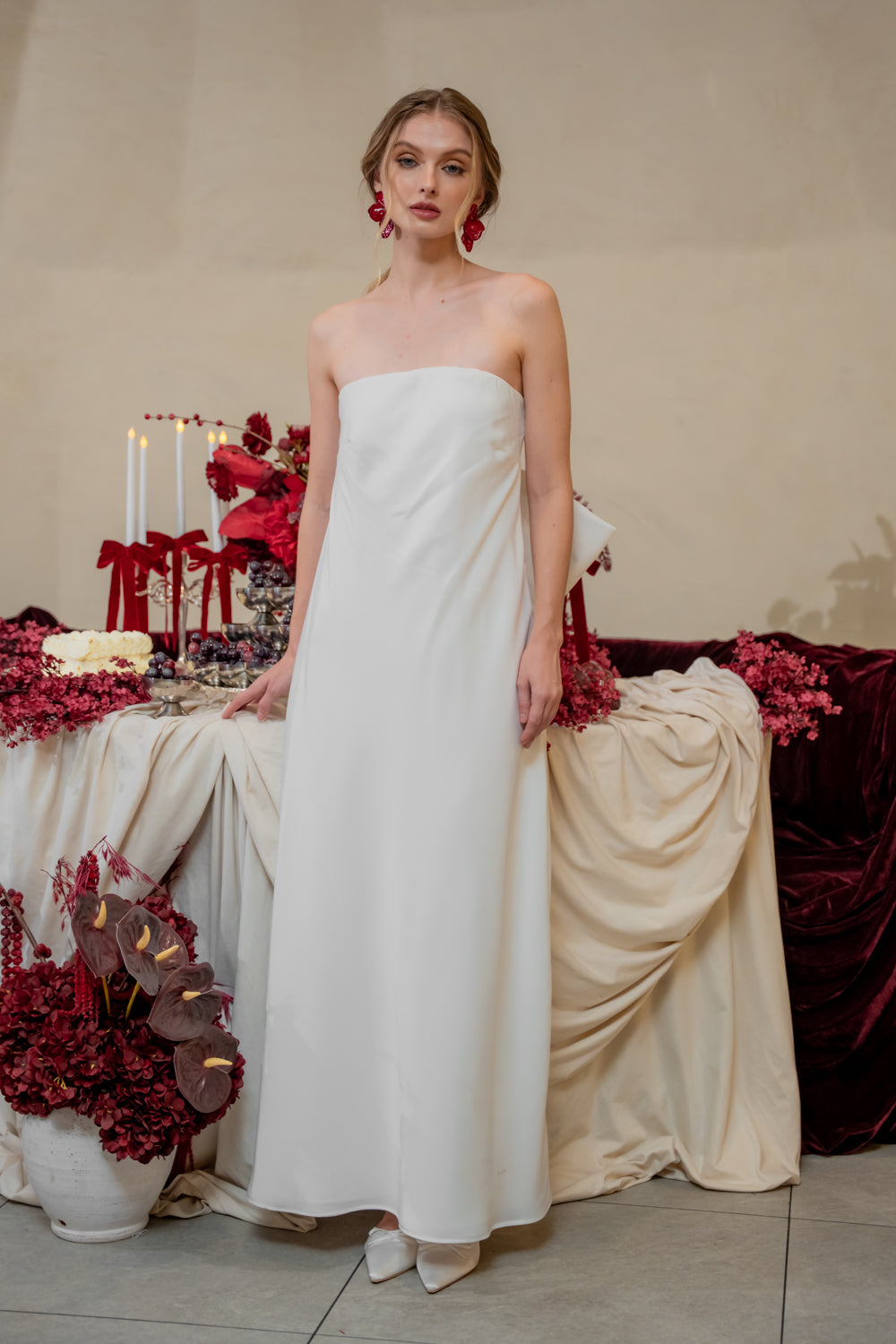 CORDELIA DRESS Bow Back Strapless Silk Midi Dress (White Silk Crepe)