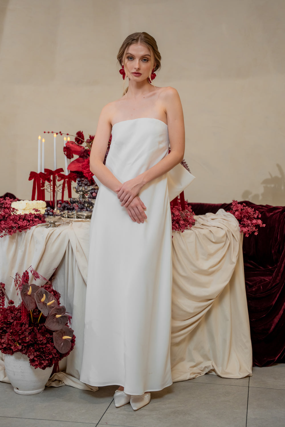 CORDELIA DRESS Bow Back Strapless Silk Midi Dress (White Silk Crepe)