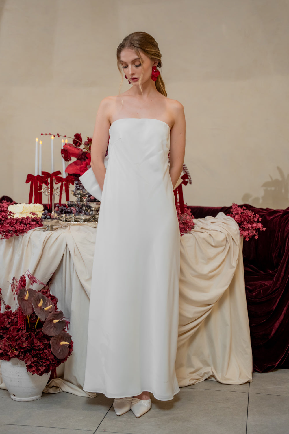 CORDELIA DRESS Bow Back Strapless Silk Midi Dress (White Silk Crepe)