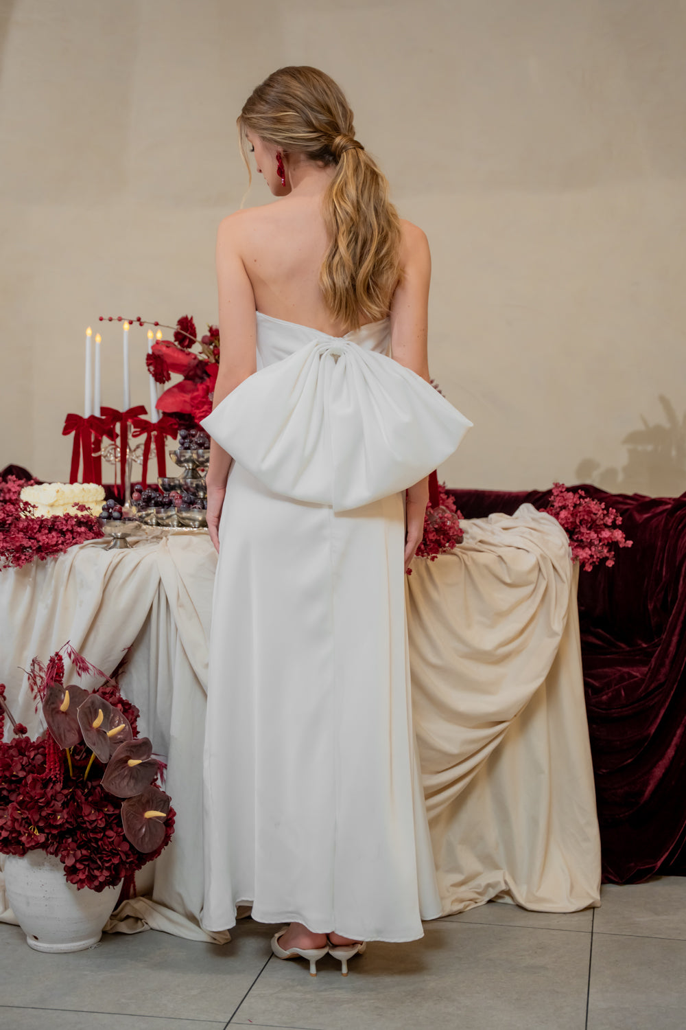 CORDELIA DRESS Bow Back Strapless Silk Midi Dress (White Silk Crepe)