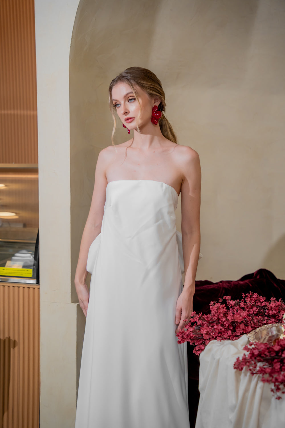 CORDELIA DRESS Bow Back Strapless Silk Midi Dress (White Silk Crepe)