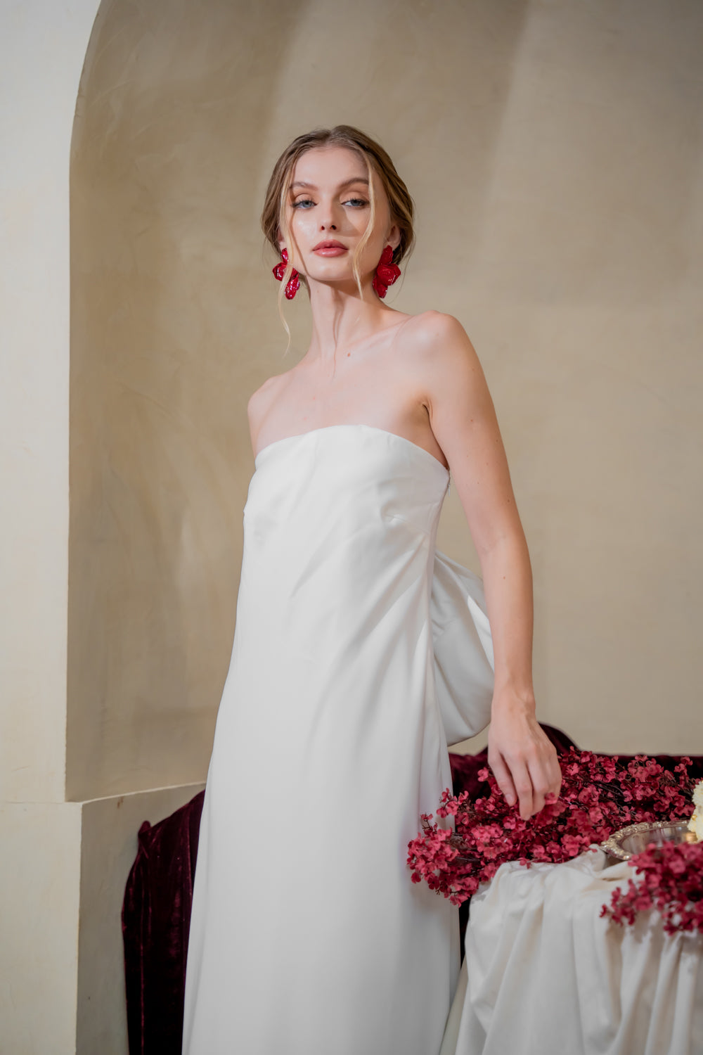 CORDELIA DRESS Bow Back Strapless Silk Midi Dress (White Silk Crepe)